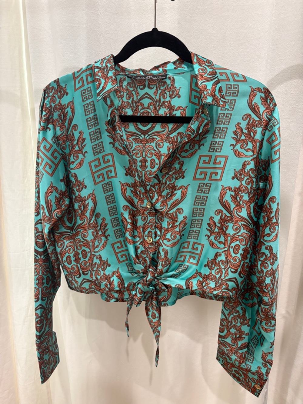 Turquoise Ornate Print Tie-Front Button-Down Shirt